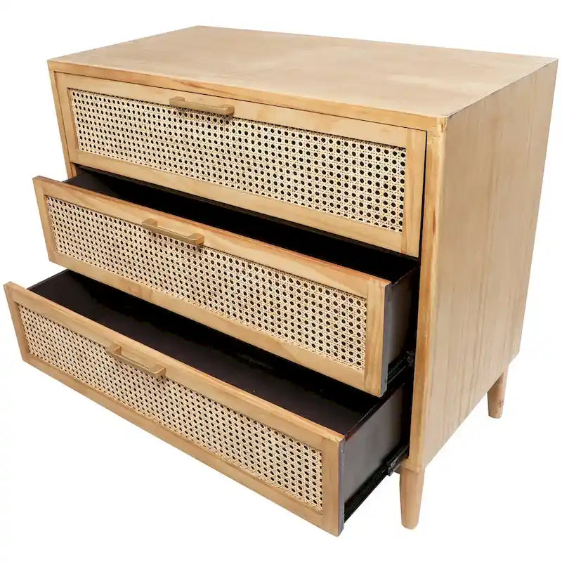 Wood 3-Drawer Cabinet with Cane Front Drawers and Gold Handles