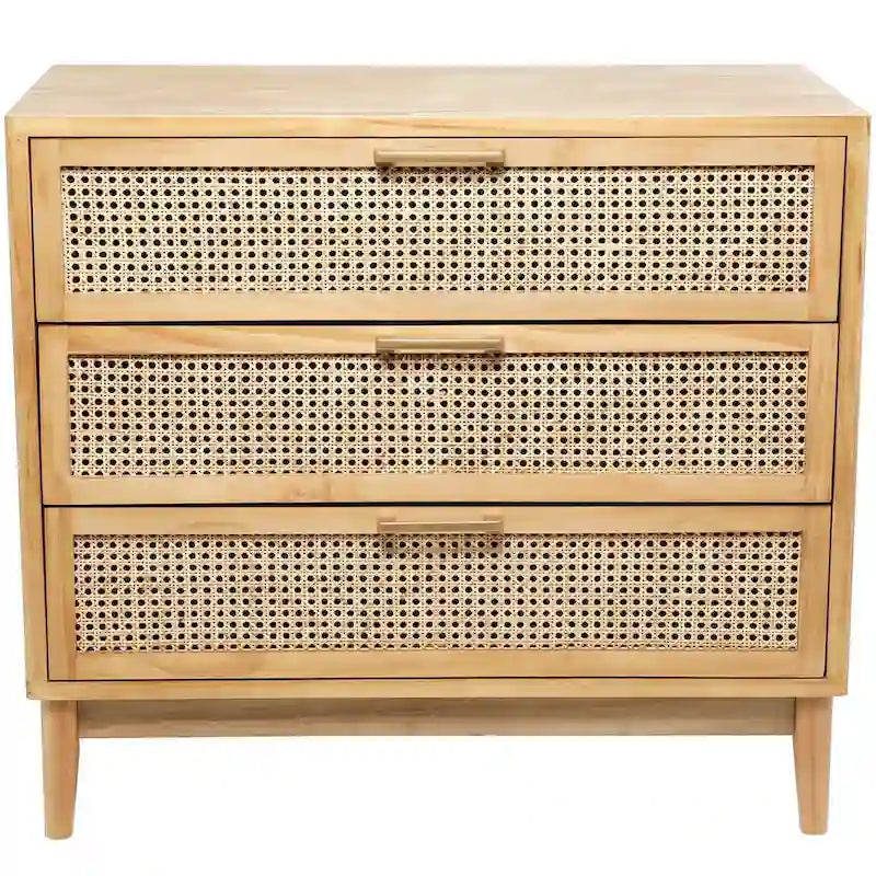 Wood 3-Drawer Cabinet with Cane Front Drawers and Gold Handles