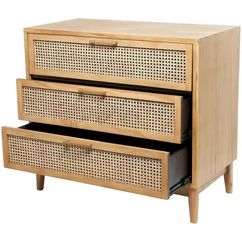 Wood 3-Drawer Cabinet with Cane Front Drawers and Gold Handles