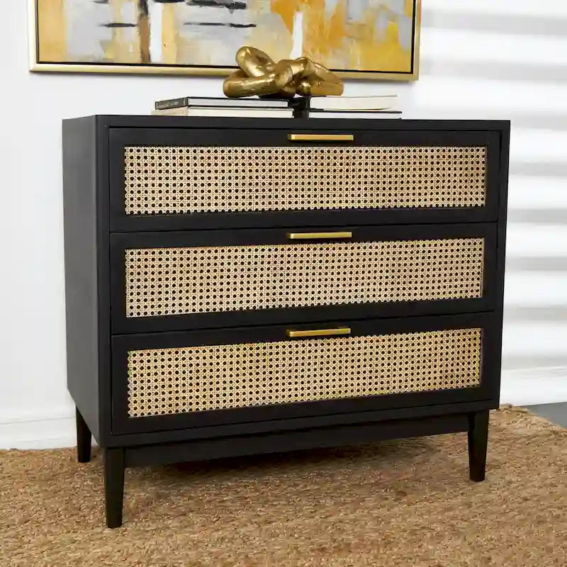 Wood 3-Drawer Cabinet with Cane Front Drawers and Gold Handles