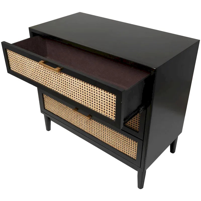 Wood 3-Drawer Cabinet with Cane Front Drawers and Gold Handles