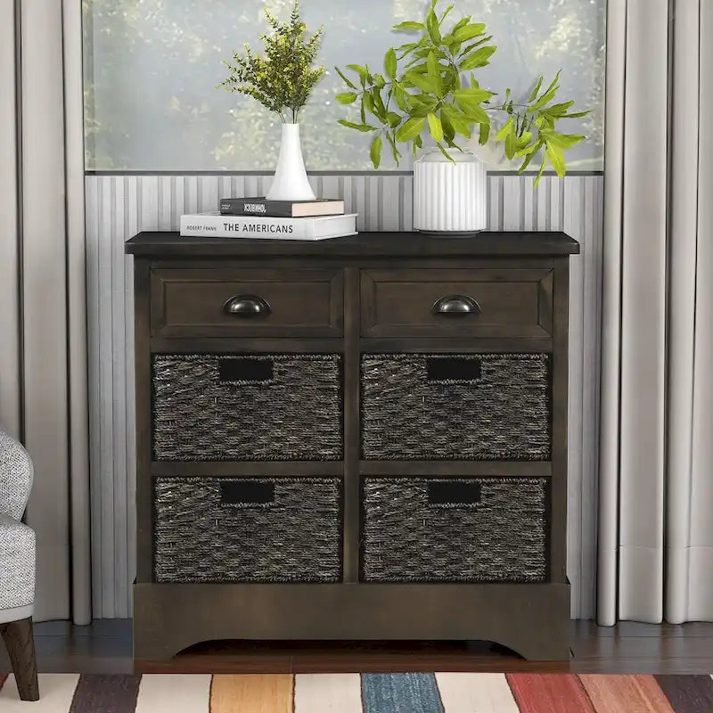 Solid Wood Storage Cabinet with Two Drawers and Four Rattan Basket No Assembly