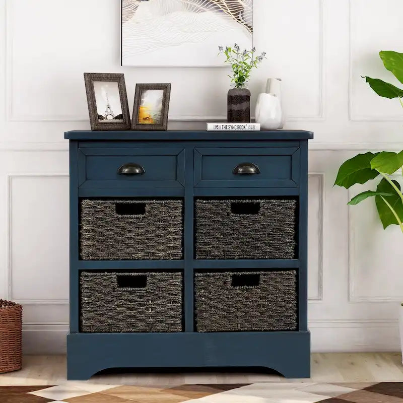 Solid Wood Storage Cabinet with Two Drawers and Four Rattan Basket No Assembly