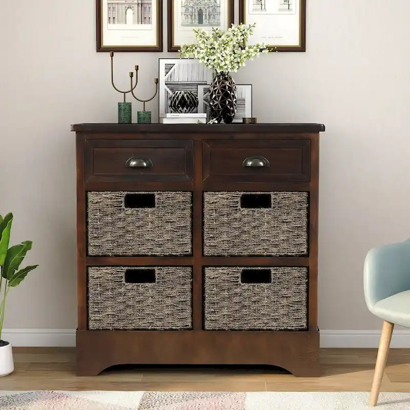 Solid Wood Storage Cabinet with Two Drawers and Four Rattan Basket No Assembly