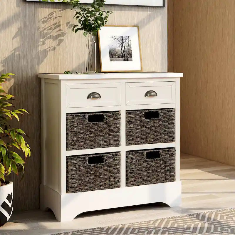 Solid Wood Storage Cabinet with Two Drawers and Four Rattan Basket No Assembly