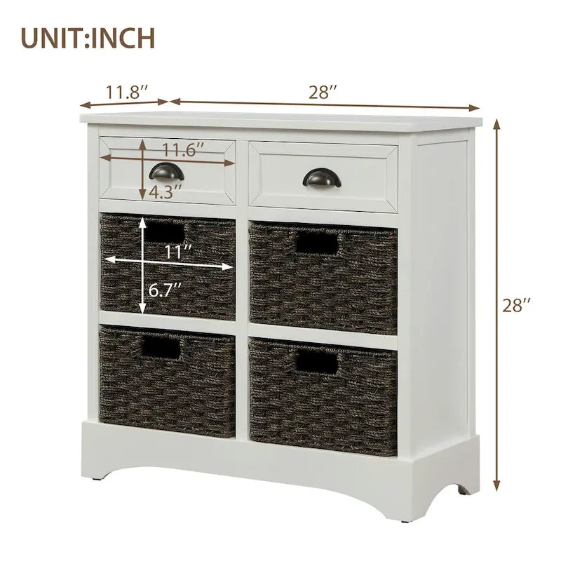 Solid Wood Storage Cabinet with Two Drawers and Four Rattan Basket No Assembly