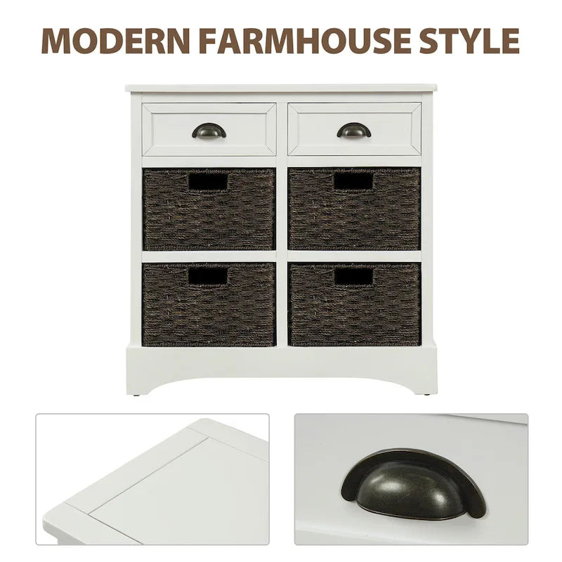 Solid Wood Storage Cabinet with Two Drawers and Four Rattan Basket No Assembly