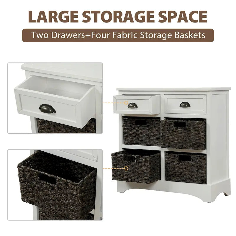 Solid Wood Storage Cabinet with Two Drawers and Four Rattan Basket No Assembly