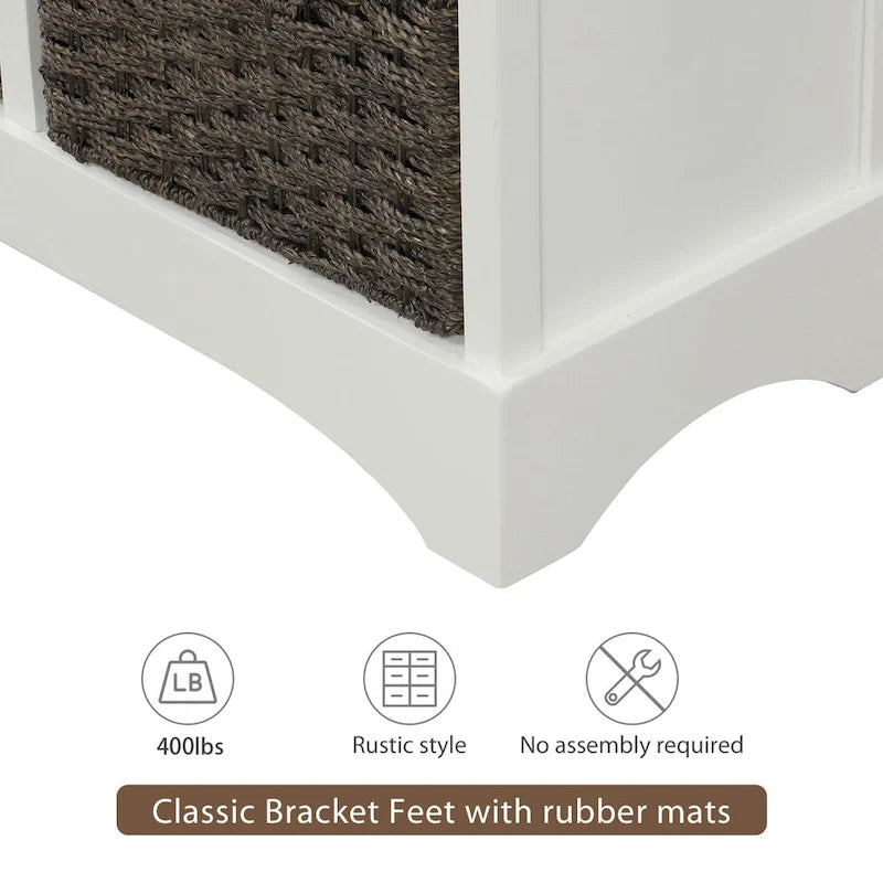 Solid Wood Storage Cabinet with Two Drawers and Four Rattan Basket No Assembly
