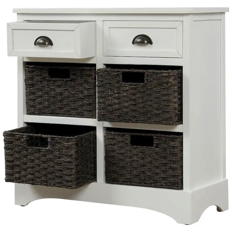 Solid Wood Storage Cabinet with Two Drawers and Four Rattan Basket No Assembly