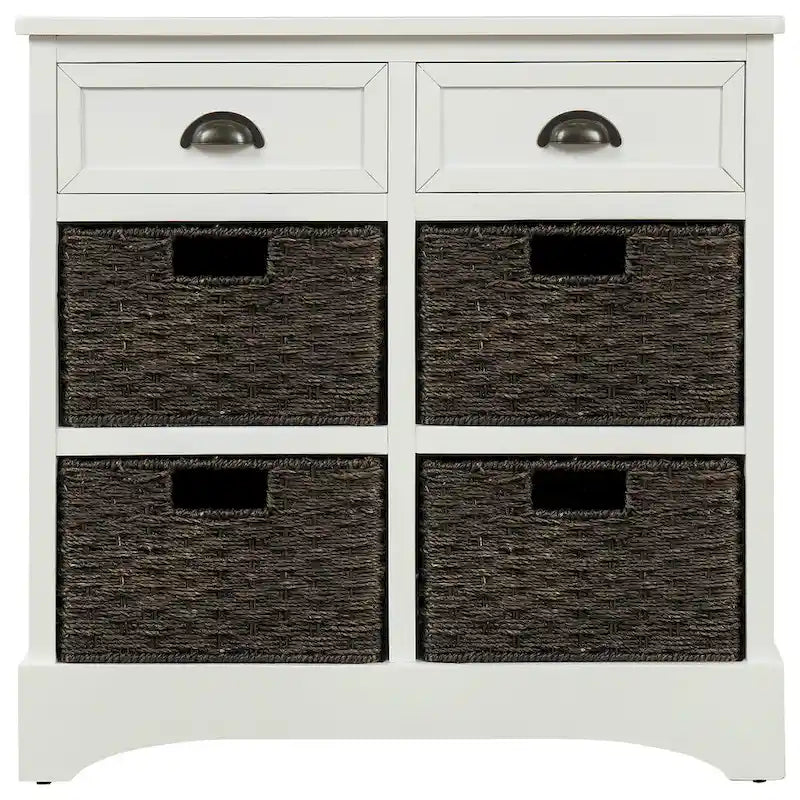 Solid Wood Storage Cabinet with Two Drawers and Four Rattan Basket No Assembly