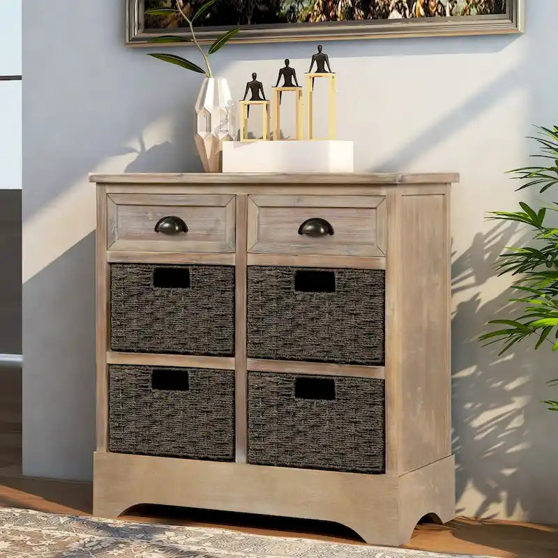 Solid Wood Storage Cabinet with Two Drawers and Four Rattan Basket No Assembly