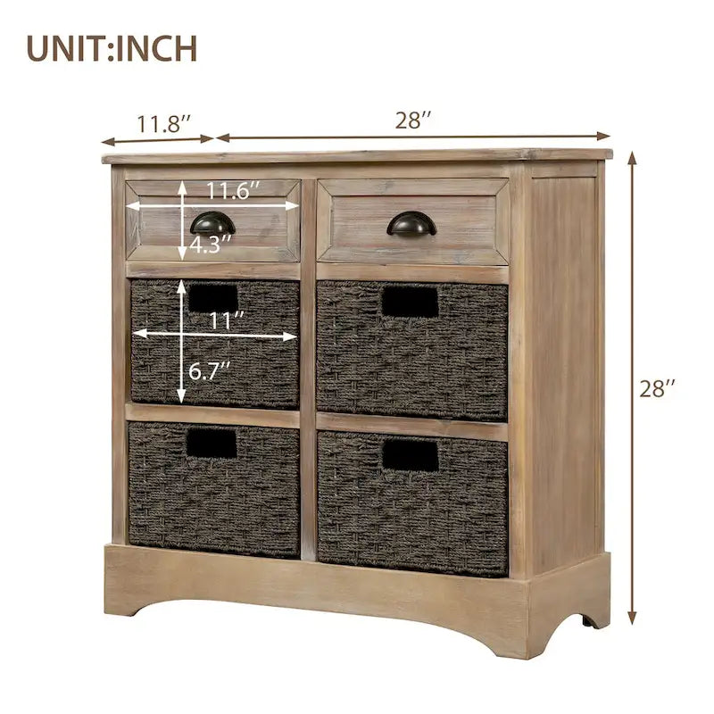 Solid Wood Storage Cabinet with Two Drawers and Four Rattan Basket No Assembly
