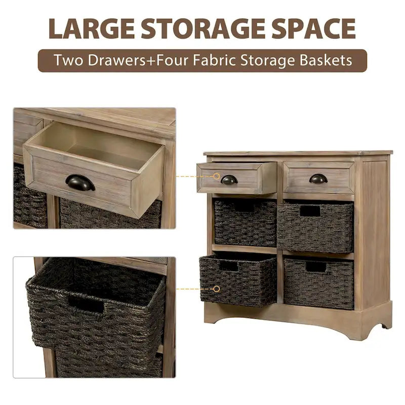 Solid Wood Storage Cabinet with Two Drawers and Four Rattan Basket No Assembly