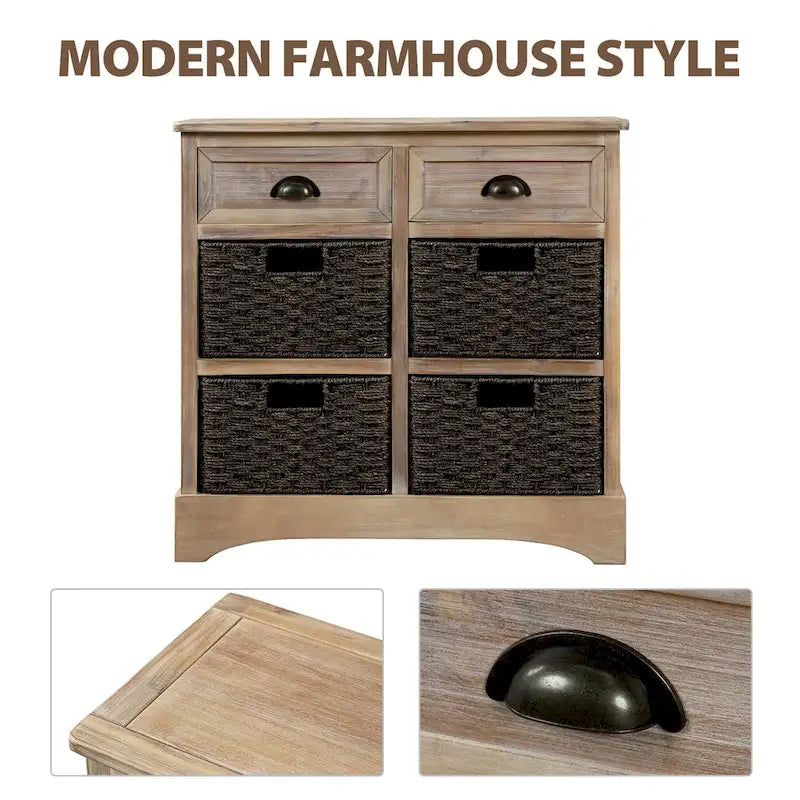 Solid Wood Storage Cabinet with Two Drawers and Four Rattan Basket No Assembly