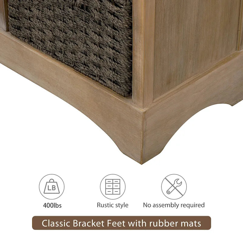 Solid Wood Storage Cabinet with Two Drawers and Four Rattan Basket No Assembly