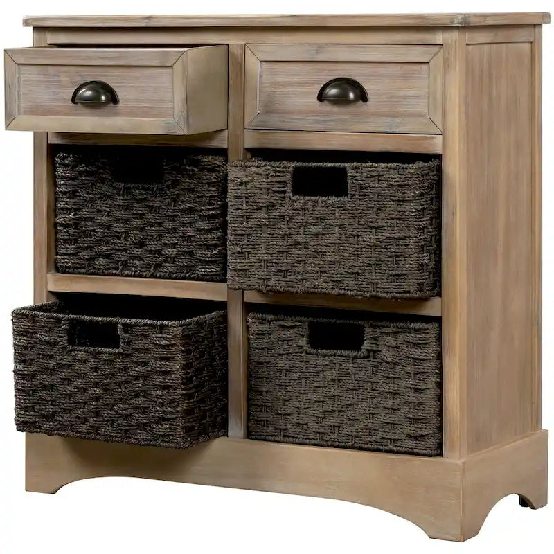 Solid Wood Storage Cabinet with Two Drawers and Four Rattan Basket No Assembly