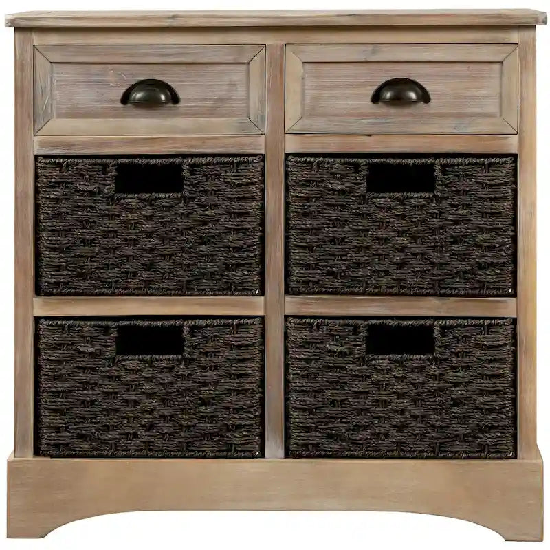 Solid Wood Storage Cabinet with Two Drawers and Four Rattan Basket No Assembly