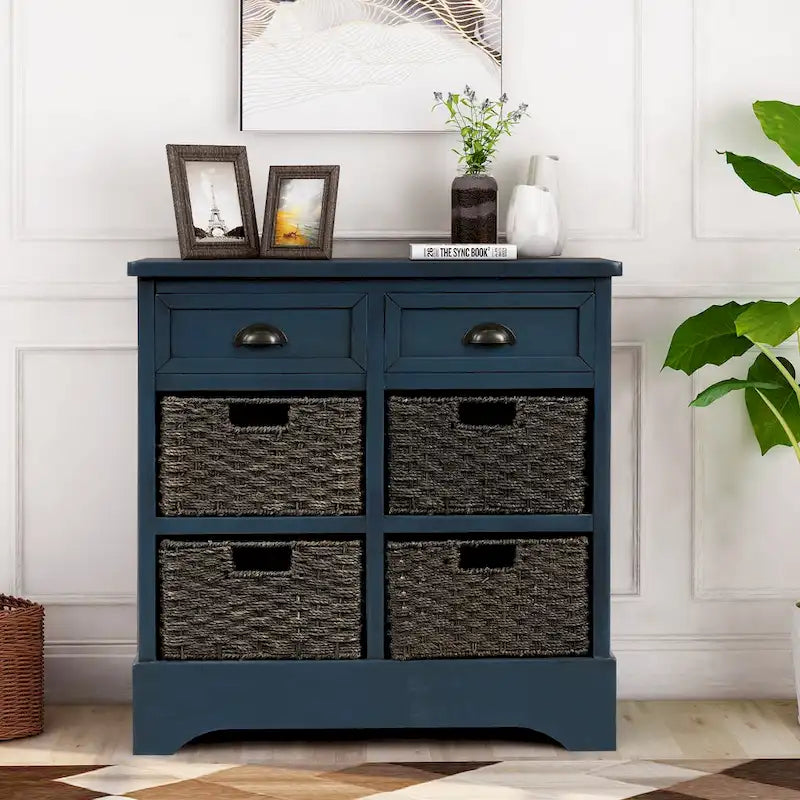 Solid Wood Storage Cabinet with Two Drawers and Four Rattan Basket No Assembly
