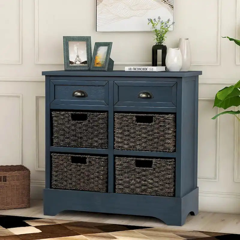 Solid Wood Storage Cabinet with Two Drawers and Four Rattan Basket No Assembly