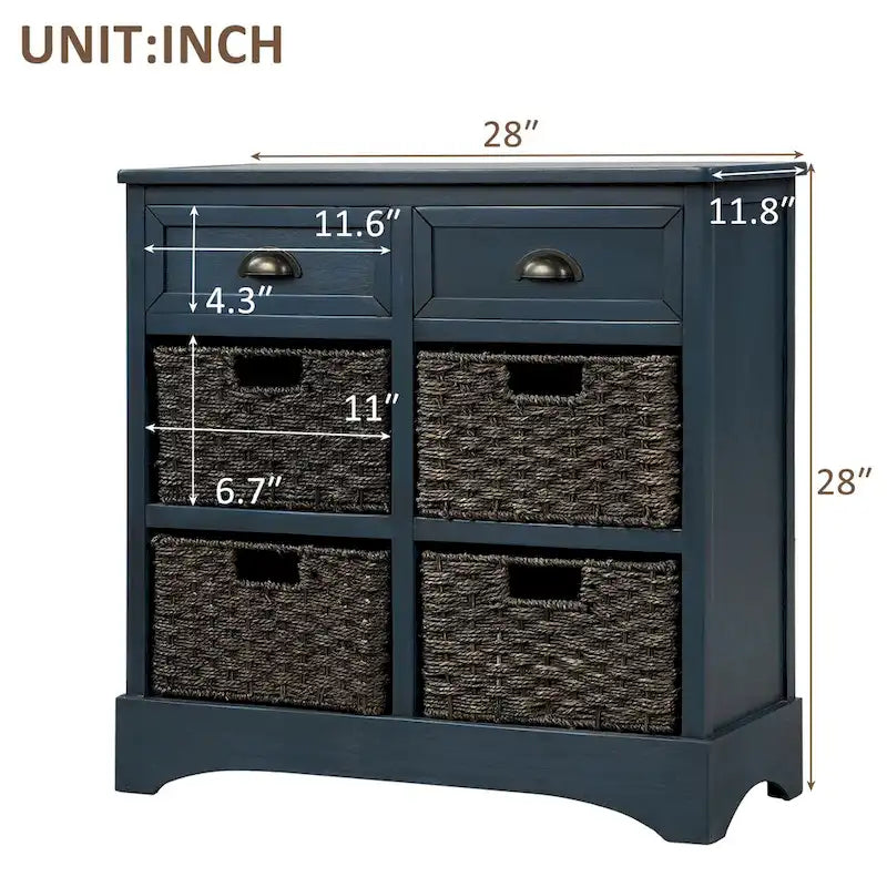 Solid Wood Storage Cabinet with Two Drawers and Four Rattan Basket No Assembly