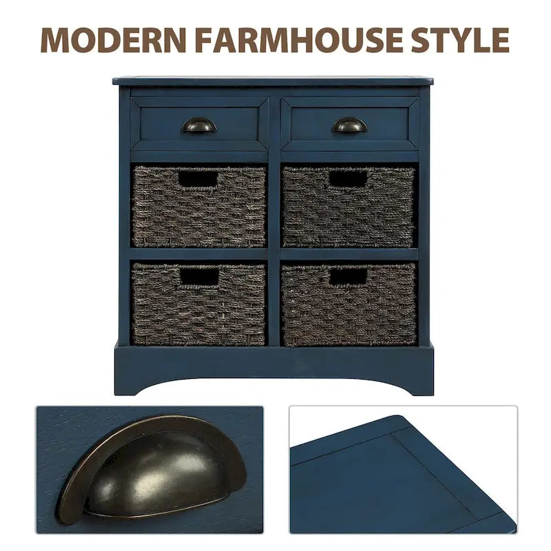 Solid Wood Storage Cabinet with Two Drawers and Four Rattan Basket No Assembly