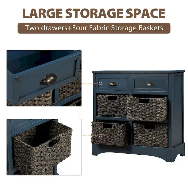 Solid Wood Storage Cabinet with Two Drawers and Four Rattan Basket No Assembly