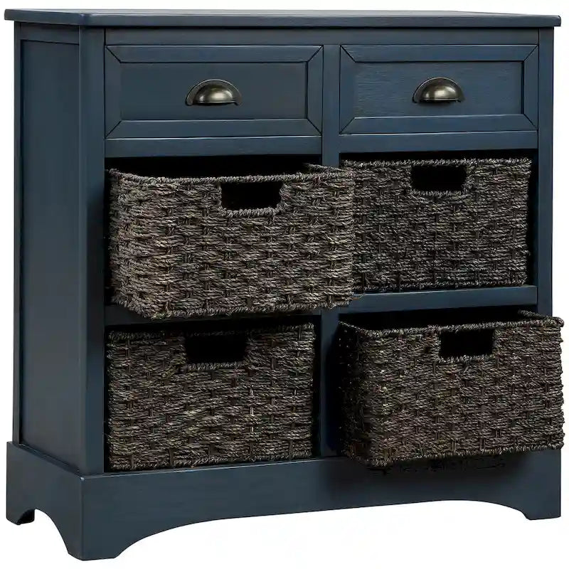 Solid Wood Storage Cabinet with Two Drawers and Four Rattan Basket No Assembly