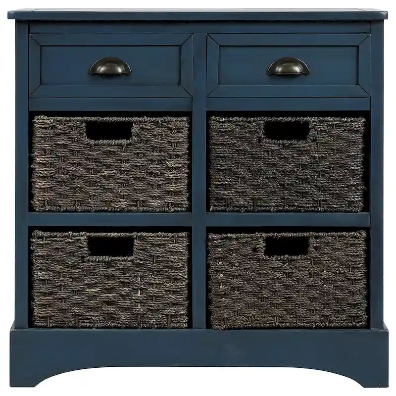 Solid Wood Storage Cabinet with Two Drawers and Four Rattan Basket No Assembly