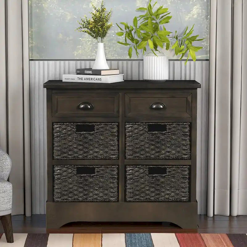 Solid Wood Storage Cabinet with Two Drawers and Four Rattan Basket No Assembly