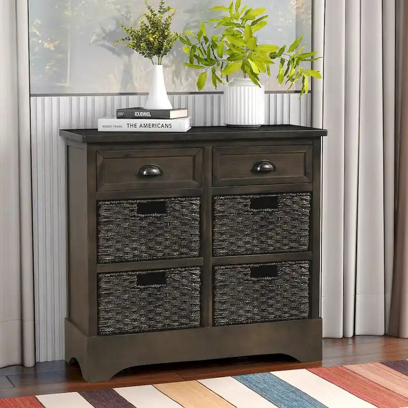 Solid Wood Storage Cabinet with Two Drawers and Four Rattan Basket No Assembly