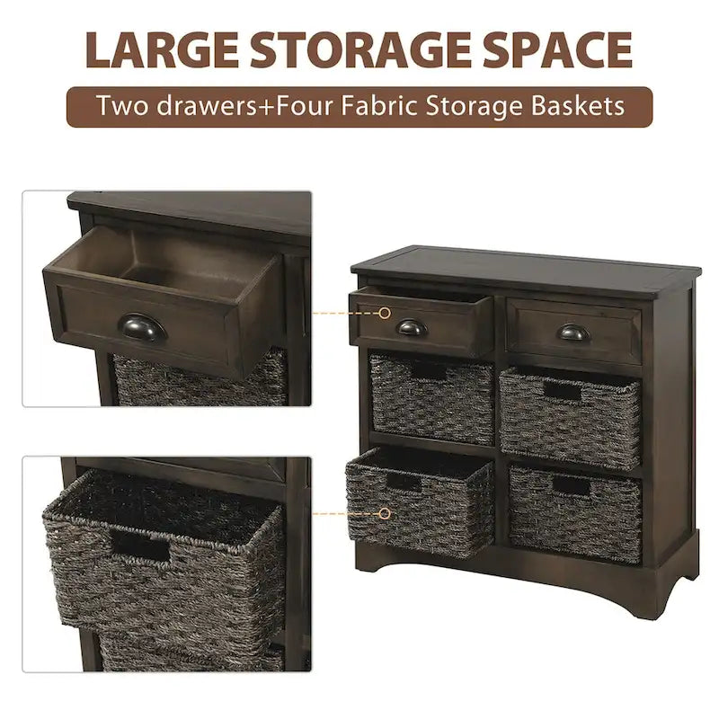 Solid Wood Storage Cabinet with Two Drawers and Four Rattan Basket No Assembly