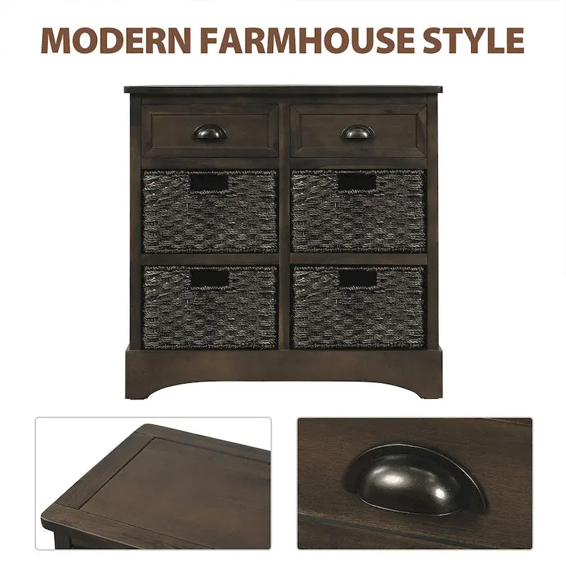 Solid Wood Storage Cabinet with Two Drawers and Four Rattan Basket No Assembly