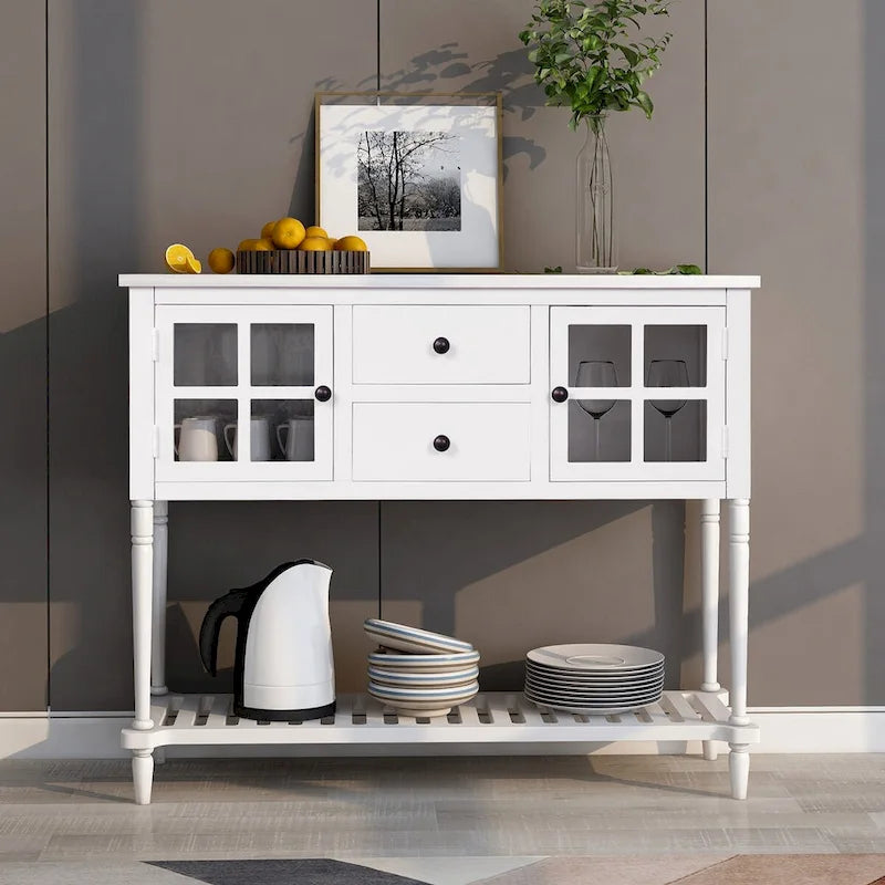 Sideboard Console Table with Bottom Shelf and Farmhouse Wood/Glass Buffet Storage Cabinet - 42L x 14W x 34.2H