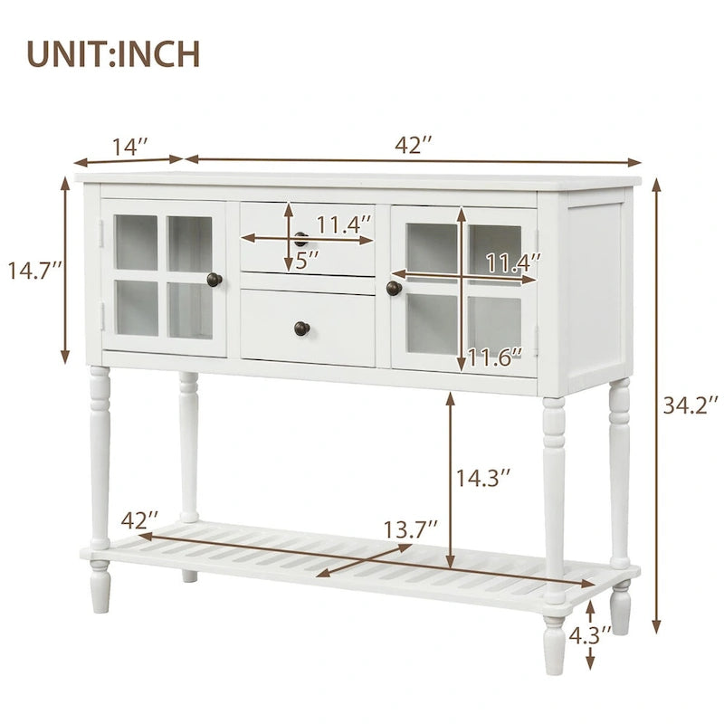 Sideboard Console Table with Bottom Shelf and Farmhouse Wood/Glass Buffet Storage Cabinet - 42L x 14W x 34.2H