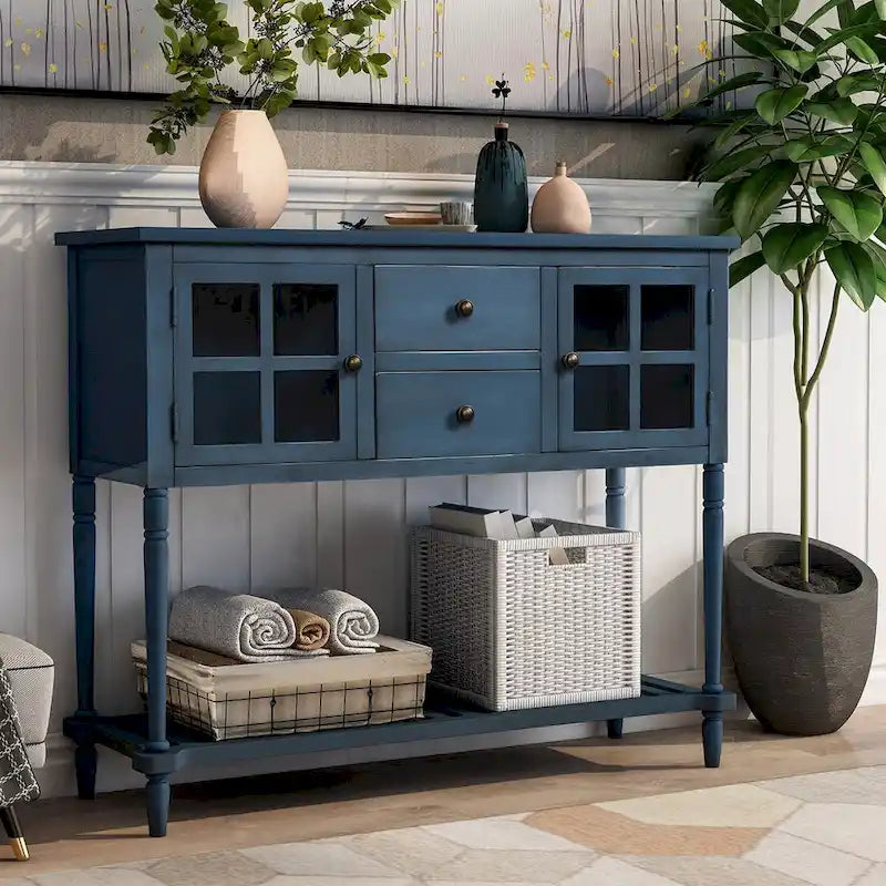 Sideboard Console Table with Bottom Shelf and Farmhouse Wood/Glass Buffet Storage Cabinet - 42L x 14W x 34.2H