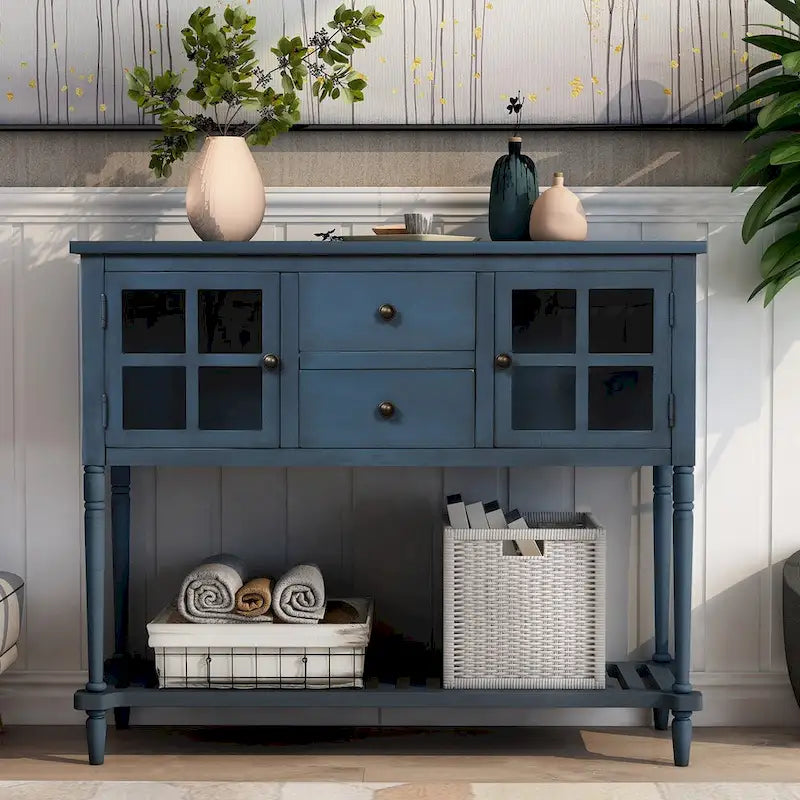 Sideboard Console Table with Bottom Shelf and Farmhouse Wood/Glass Buffet Storage Cabinet - 42L x 14W x 34.2H
