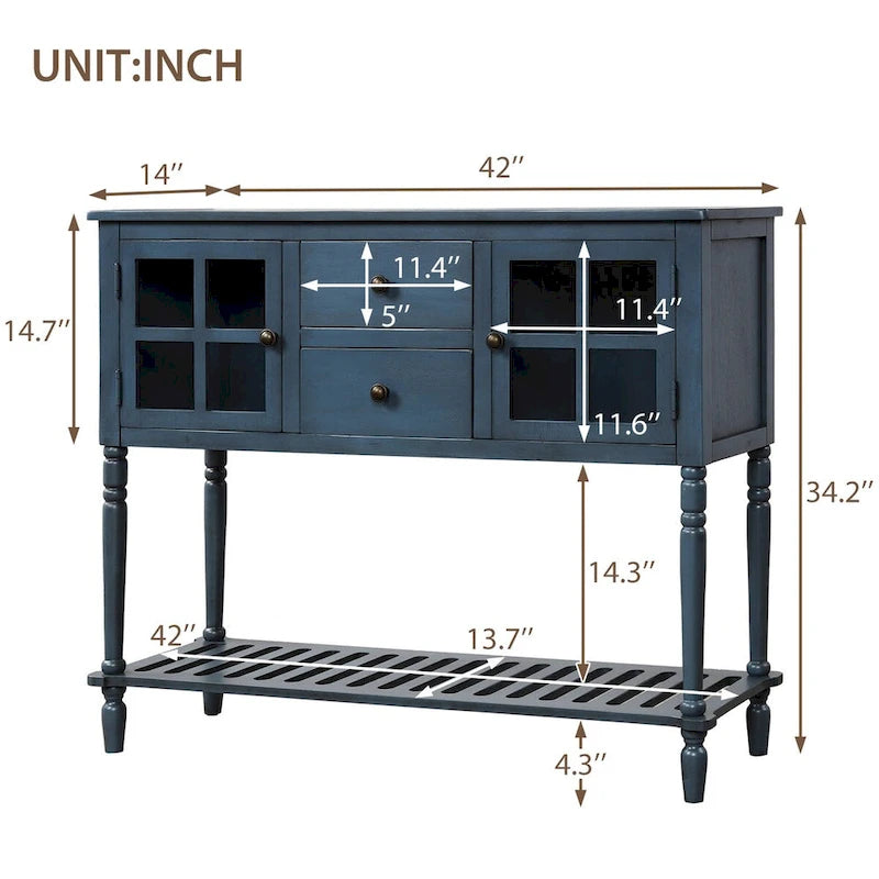 Sideboard Console Table with Bottom Shelf and Farmhouse Wood/Glass Buffet Storage Cabinet - 42L x 14W x 34.2H