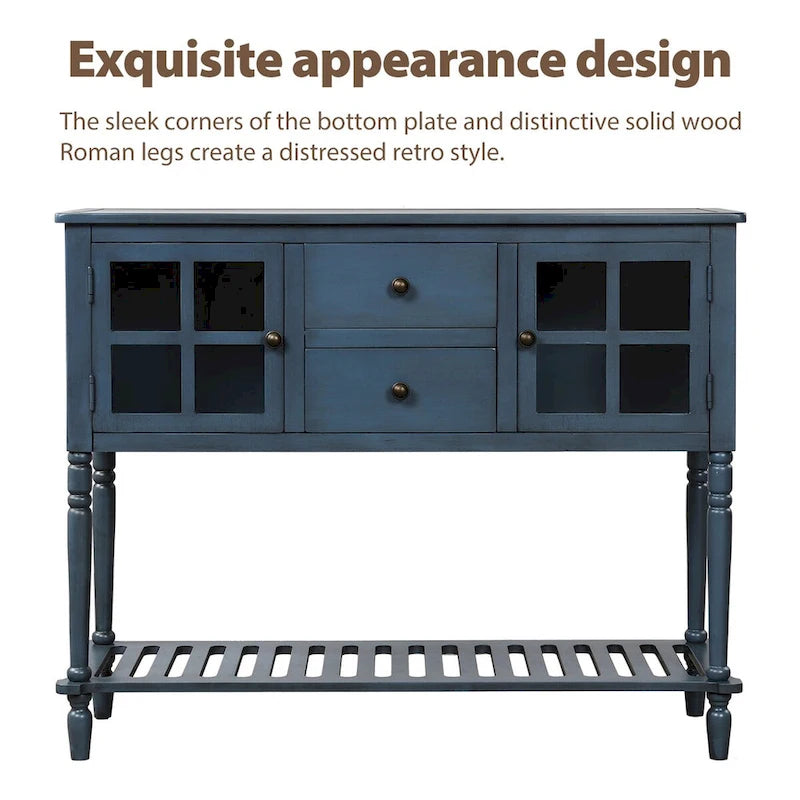 Sideboard Console Table with Bottom Shelf and Farmhouse Wood/Glass Buffet Storage Cabinet - 42L x 14W x 34.2H