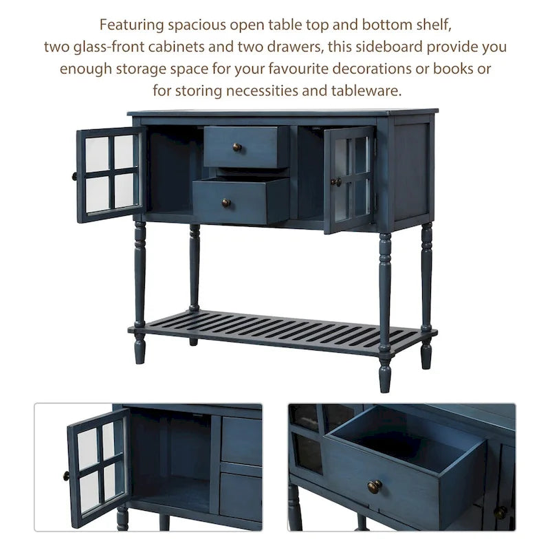 Sideboard Console Table with Bottom Shelf and Farmhouse Wood/Glass Buffet Storage Cabinet - 42L x 14W x 34.2H