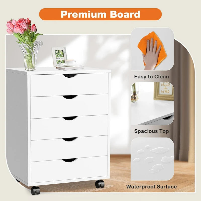 5 Drawer Chest - Storage Cabinets Dressers Wood Dresser Cabinet with Wheels Mobile Organizer Drawers for Office