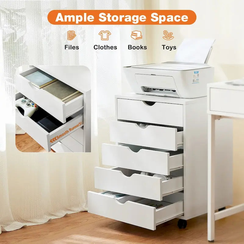 5 Drawer Chest - Storage Cabinets Dressers Wood Dresser Cabinet with Wheels Mobile Organizer Drawers for Office