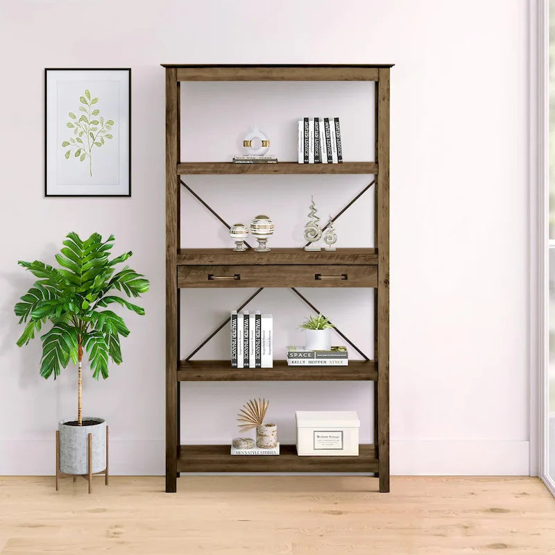 Transitional Four-Shelf Bookcase with 2 Drawers