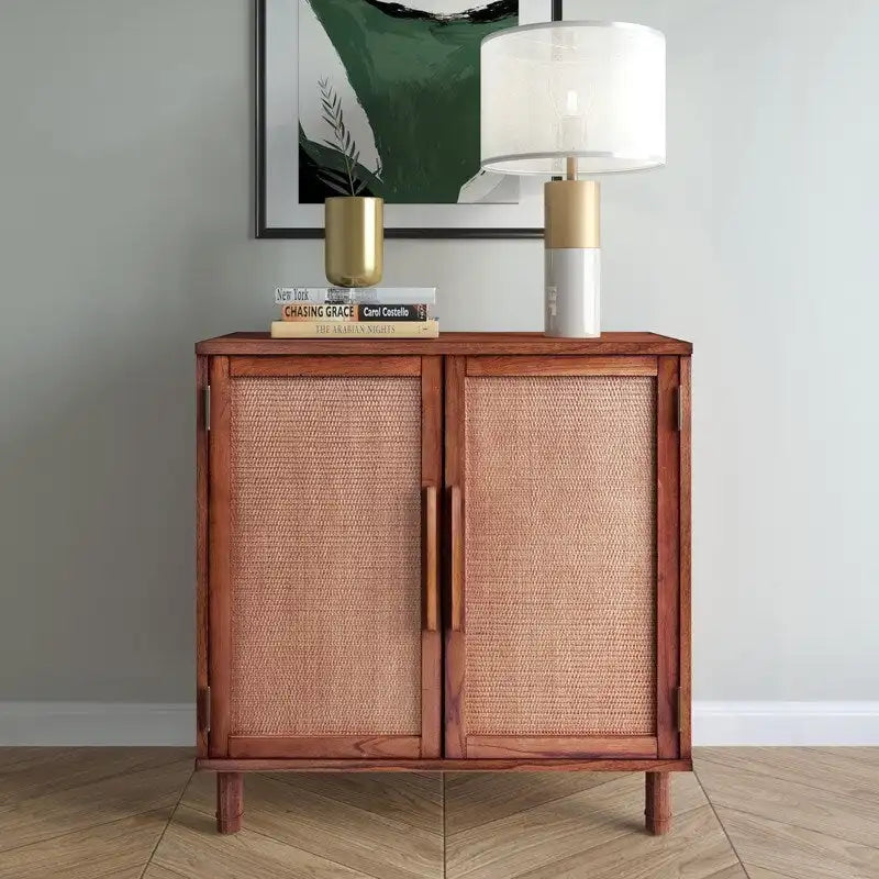 Brown 2-Door Cabinet with Rattan Panels and Adjustable Shelf