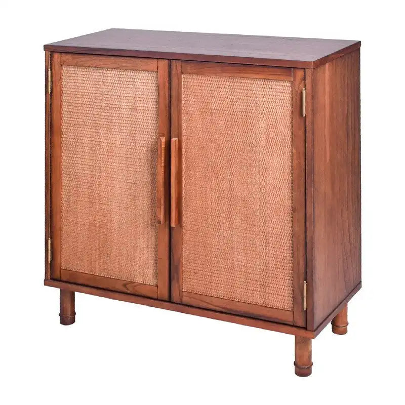 Brown 2-Door Cabinet with Rattan Panels and Adjustable Shelf