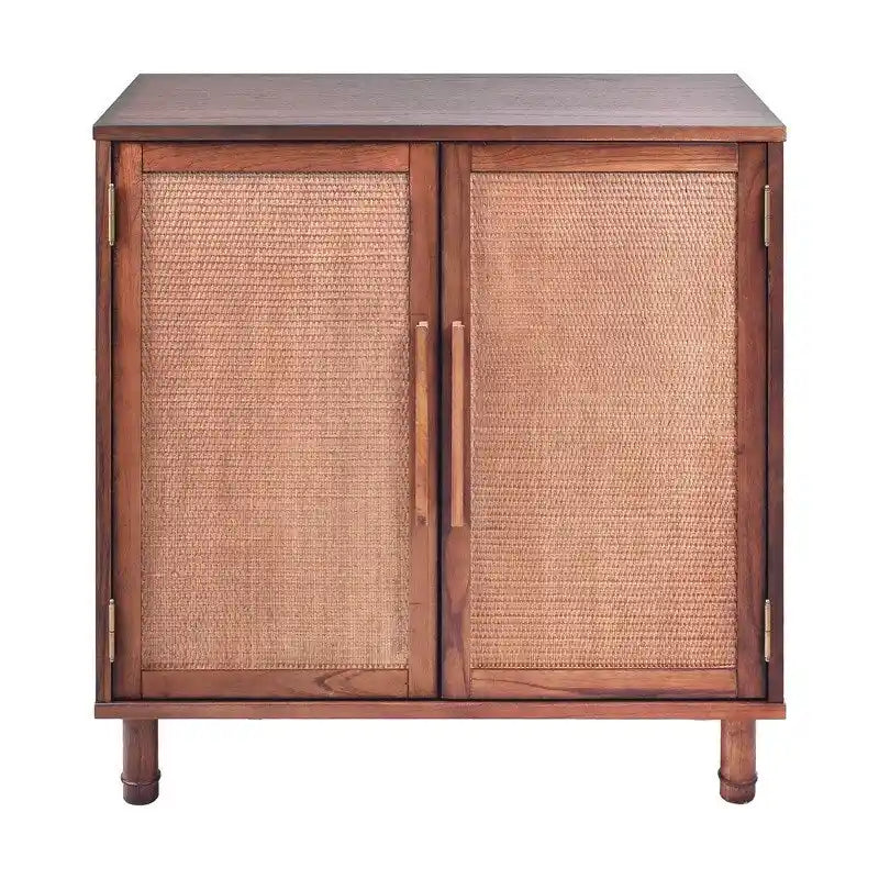 Brown 2-Door Cabinet with Rattan Panels and Adjustable Shelf