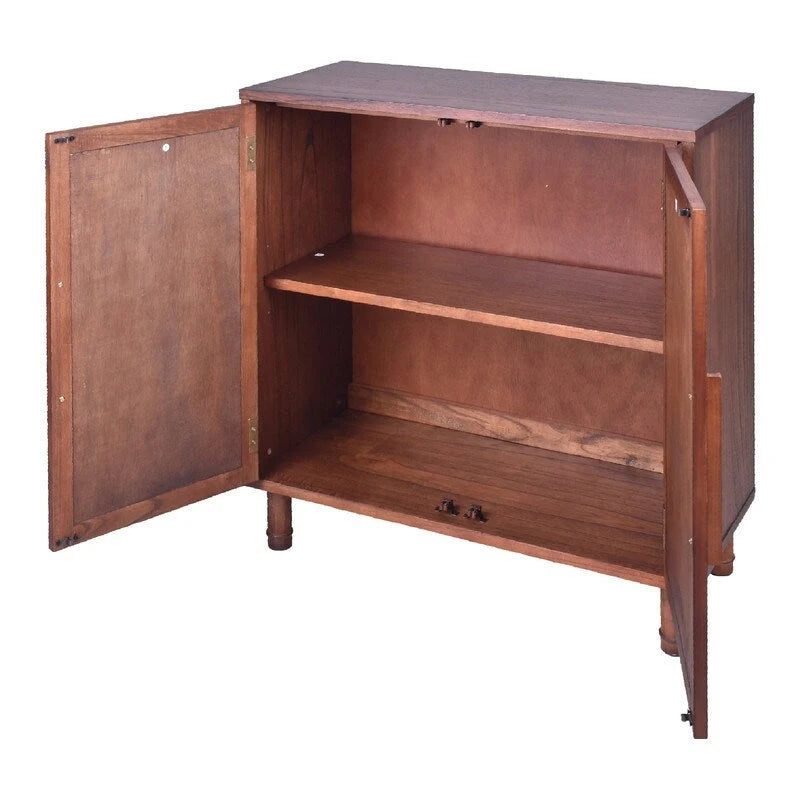 Brown 2-Door Cabinet with Rattan Panels and Adjustable Shelf