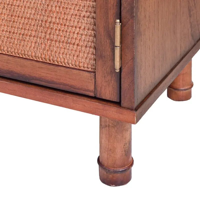 Brown 2-Door Cabinet with Rattan Panels and Adjustable Shelf