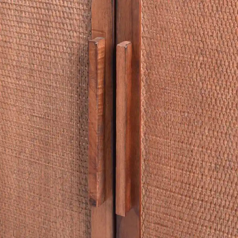 Brown 2-Door Cabinet with Rattan Panels and Adjustable Shelf