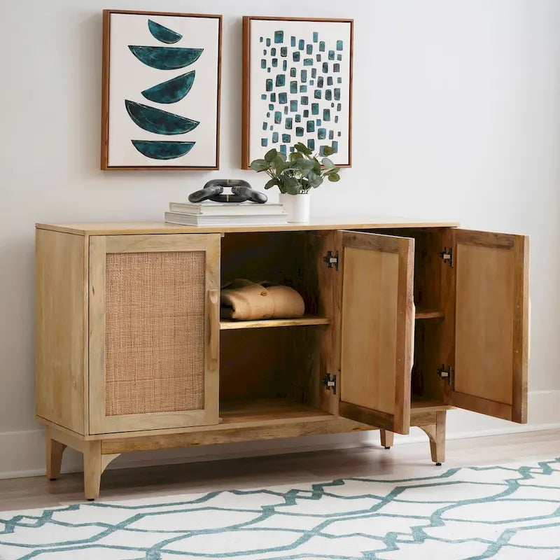 Natural Mango Wood Cane 3-Door Cabinet